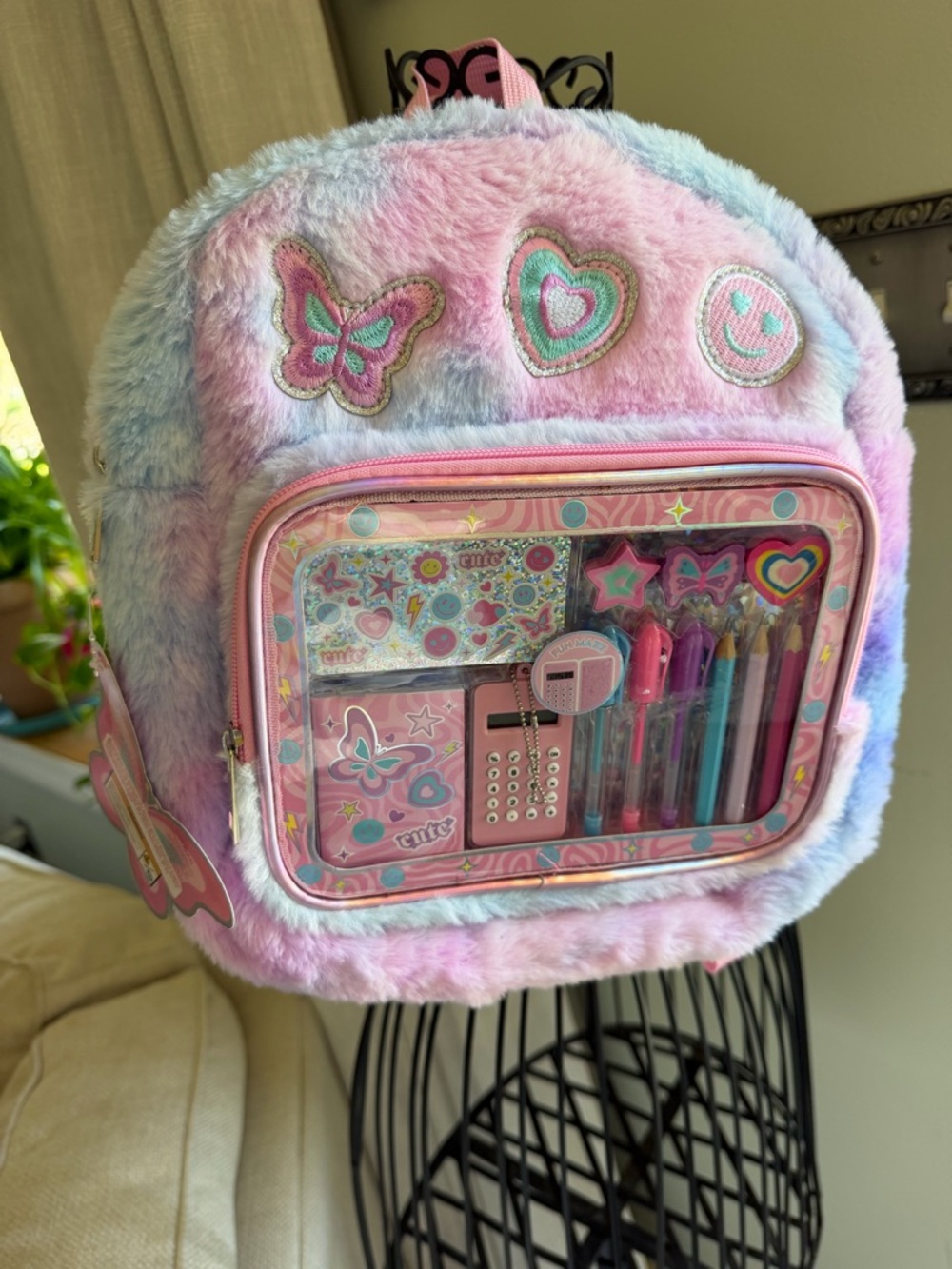 Plush Pastel Butterfly & Heart Kids Backpack with Stationery Kit